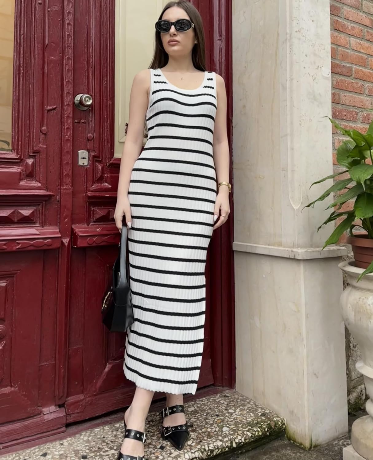 Zeagoo Women's Spring Summer Casual Dress Bodycon Midi Sleeveless Striped Knit Maternity Tank Sweater Dresses with Side Slit - Image 3