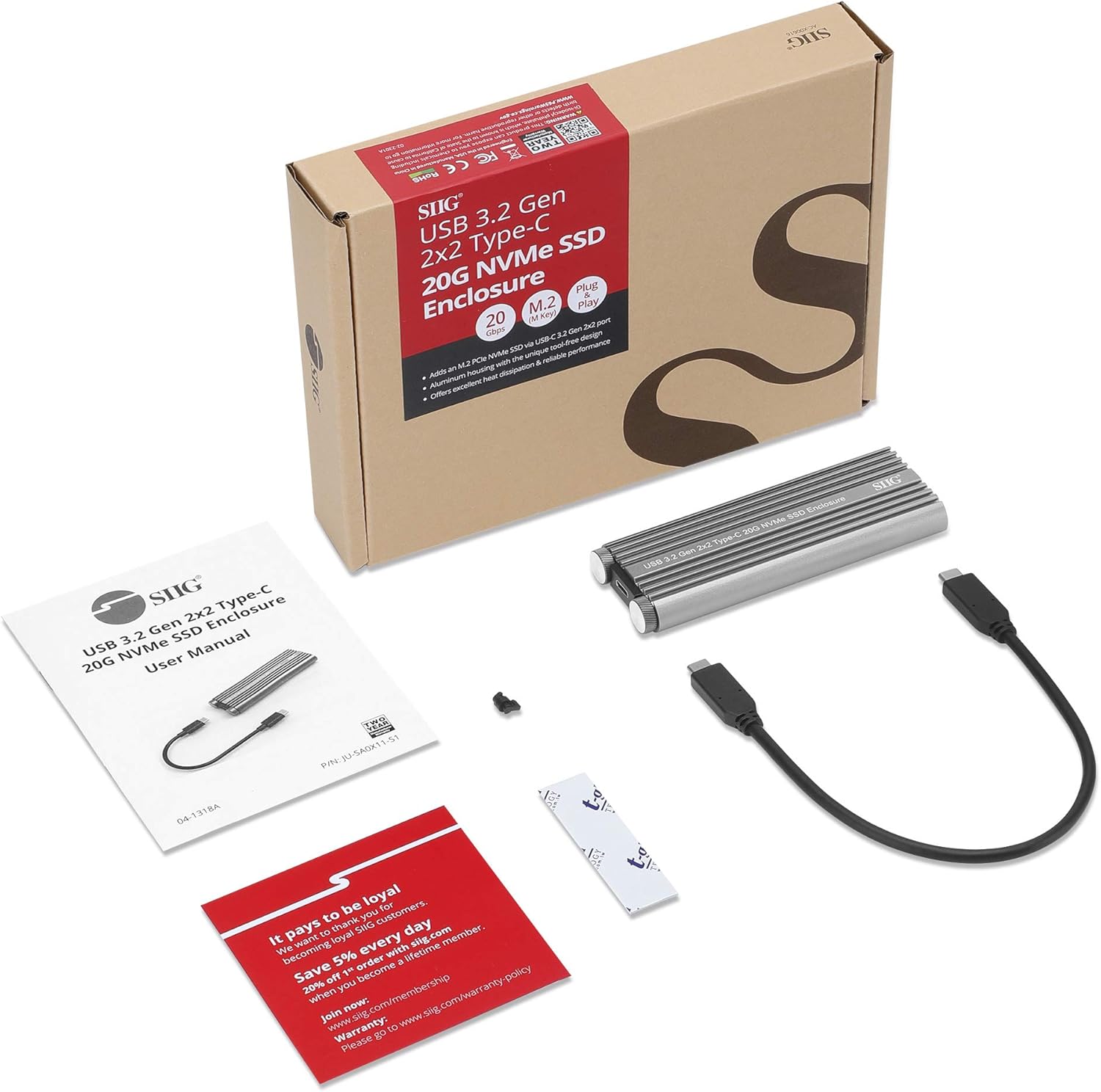 SIIG USB 3.2 Gen 2x2 Type-C 20G M.2 NVMe SSD Enclosure, USB 3.2 Gen 2x2 20Gbps Type-C to NVMe PCIe M-Key, Aluminum Heat Dissipation Design, Thermal pad, Tool Free, UASP, ASM2364 Chipset (JU-SA0X11-S1)