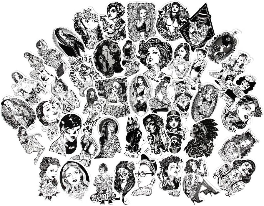 FNGEEN Sexy Women Stickers Pack Black and White Stickers [68pcs] Laptop Stickers Bomb Tattoo Beauty Pinup Girls Stickers and Decals Vintage Retro Stickers For Luggage Skateboard Phone Case Guitar Car