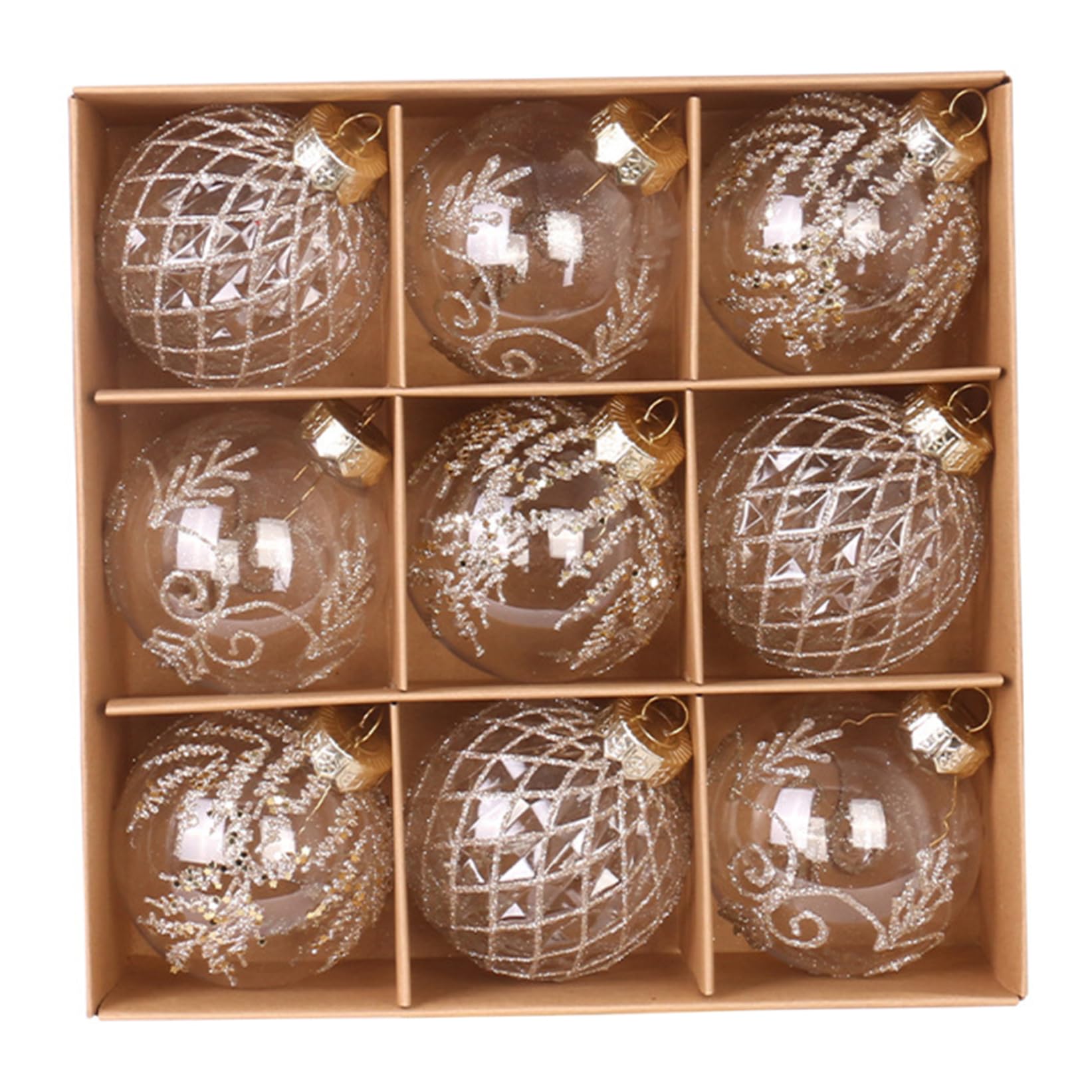 Boules de Noël haut de gamme 9 pièces champagne transparent pour sapin chic