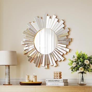 Gold Sunburst Mirror, 26" Sun Mirror Wall Decor with Beveled Glass Frame, Starburst Mirrors for Entryway, Dining Room, Living Room