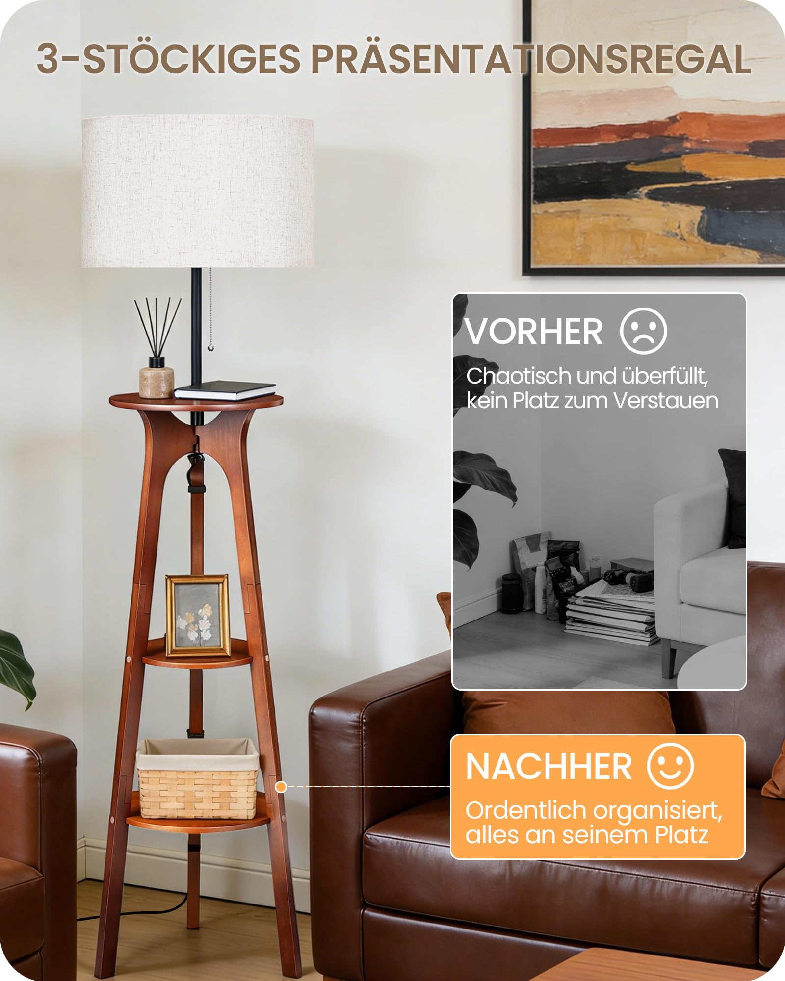 Stehlampe Dimmbar Dreibeinige Holz mit 3 Regalen, Holzstativ Stehleuchte mit 3 Farbtemperaturen für Wohnzimmer, Schlafzimmer, Arbeitszimmer, Beige und Dunkle Walnussfarbe, ZSTE25LDD05