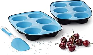 Maxi Nature Plaque à Muffins 6 moules + Spatule & Brosse, Lot de 2 – Antiadhésifs, durables - Adaptées au micro-ondes, au lave-vaisselle et au congélateur - Moules en silicone pour ta cupcakes