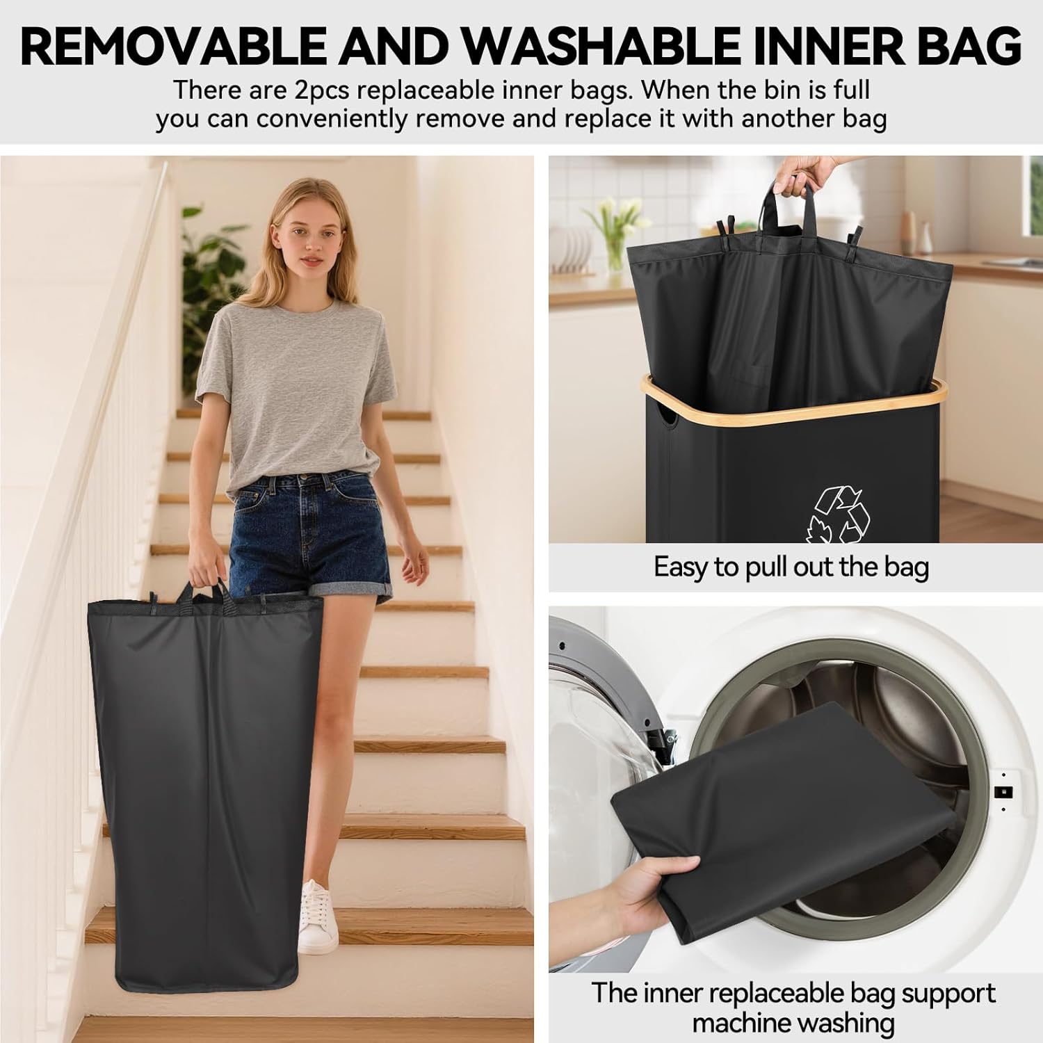 Recycling Bin for Kitchen, 26 Gallon 100L Indoor Home Recycle Bin with Lid and 2 Removeable Reusable Inner Bags, for Bottles, Cans, Glass, Plastic & Stickers, Black