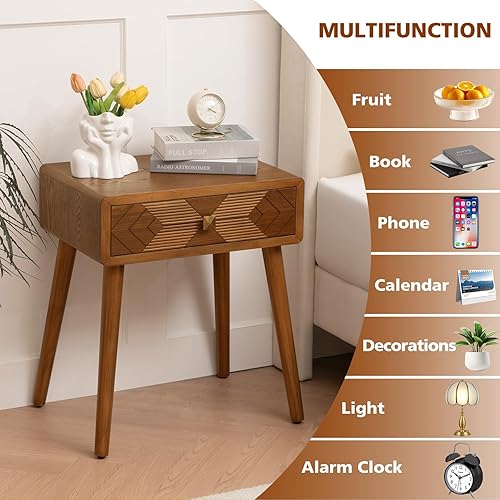 Miniatura 3 de Ahoukua Mesita de noche moderna de mediados de siglo con cajón, mesitas de noche marrón con almacenamiento, diseño geométrico tallado, mesa auxiliar