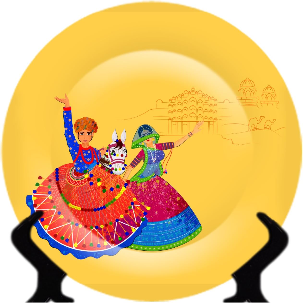 Ceramic Folk Dance Design Decorative Plate with Stand (Multi_8.2 Inch X 8.2 Inch X 1.1 Inch)