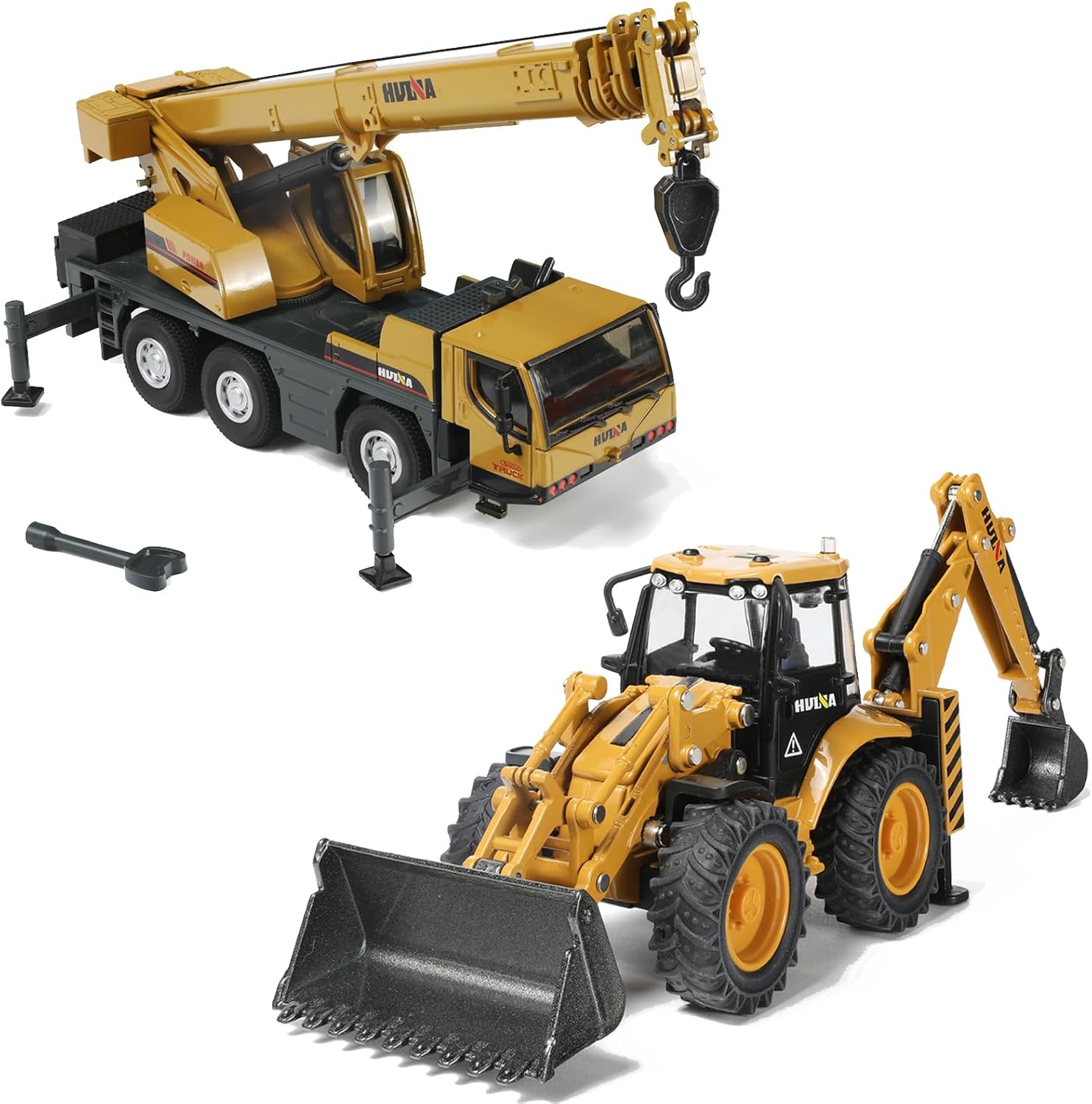 Baxckhoe and Crane Truck Toy Set, 1/50 Metal Heavy Autocrane Construction Die-cast Model and Excavator Front Loader Gifts for Kids Grandkids Christmas Birthday