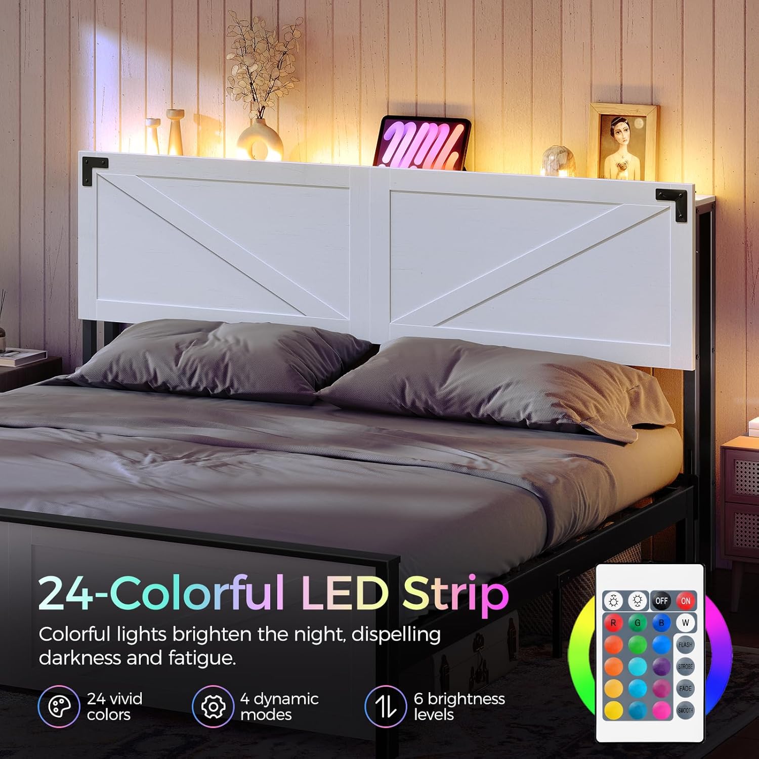 King Size Headboard Only, Headboard with 2 Outlets and 2 USB Ports, Farmhouse Headboard, with LED Lights, Secure Storage with Raised Fence, with Bed Frame Adapter, White and Black