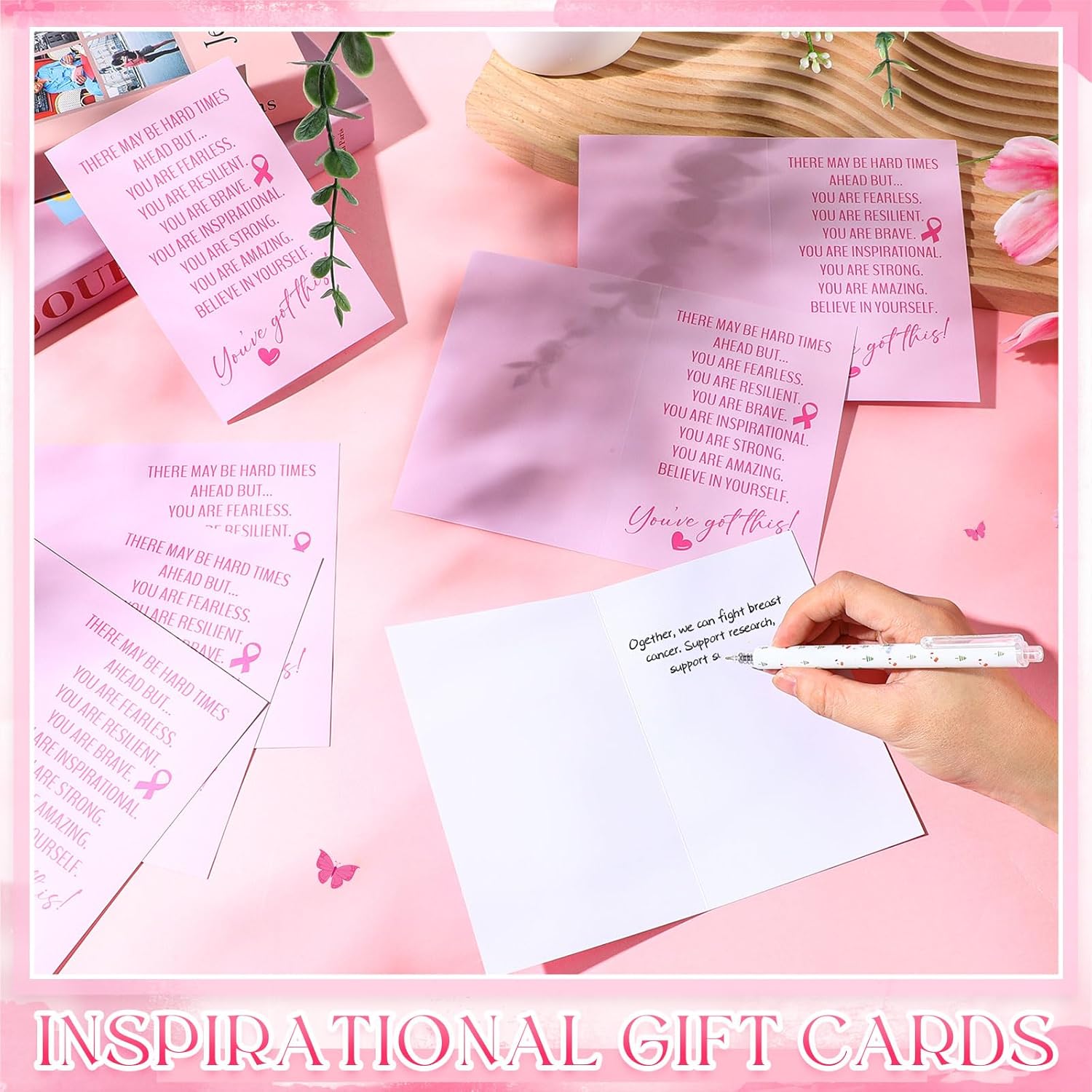 Meanplan 24 Pcs Breast Cancer Survivors Gifts Includes 17oz Plastic Water Bottles Pink Ribbon and Inspirational Gift Cards Bulk Breast Cancer Awareness Set for Woman Patient Accessories Sport Event