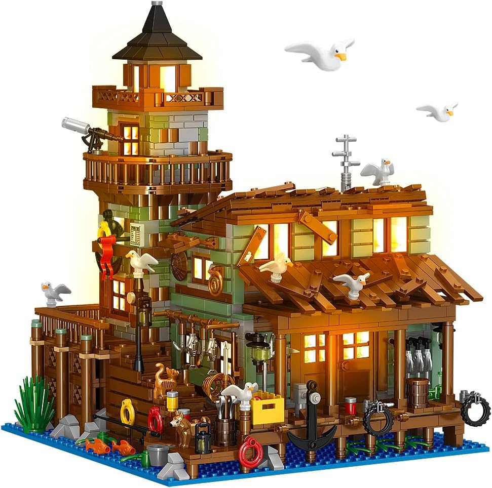 INSOONFishing Village Shop House Construction Toy with LED Light, 1845 Pieces Wooden Hut Mini Building Block, Architecture STEM Construction Toy, Gift for Adults, Children, Boys, Girls, Age 6+ Years