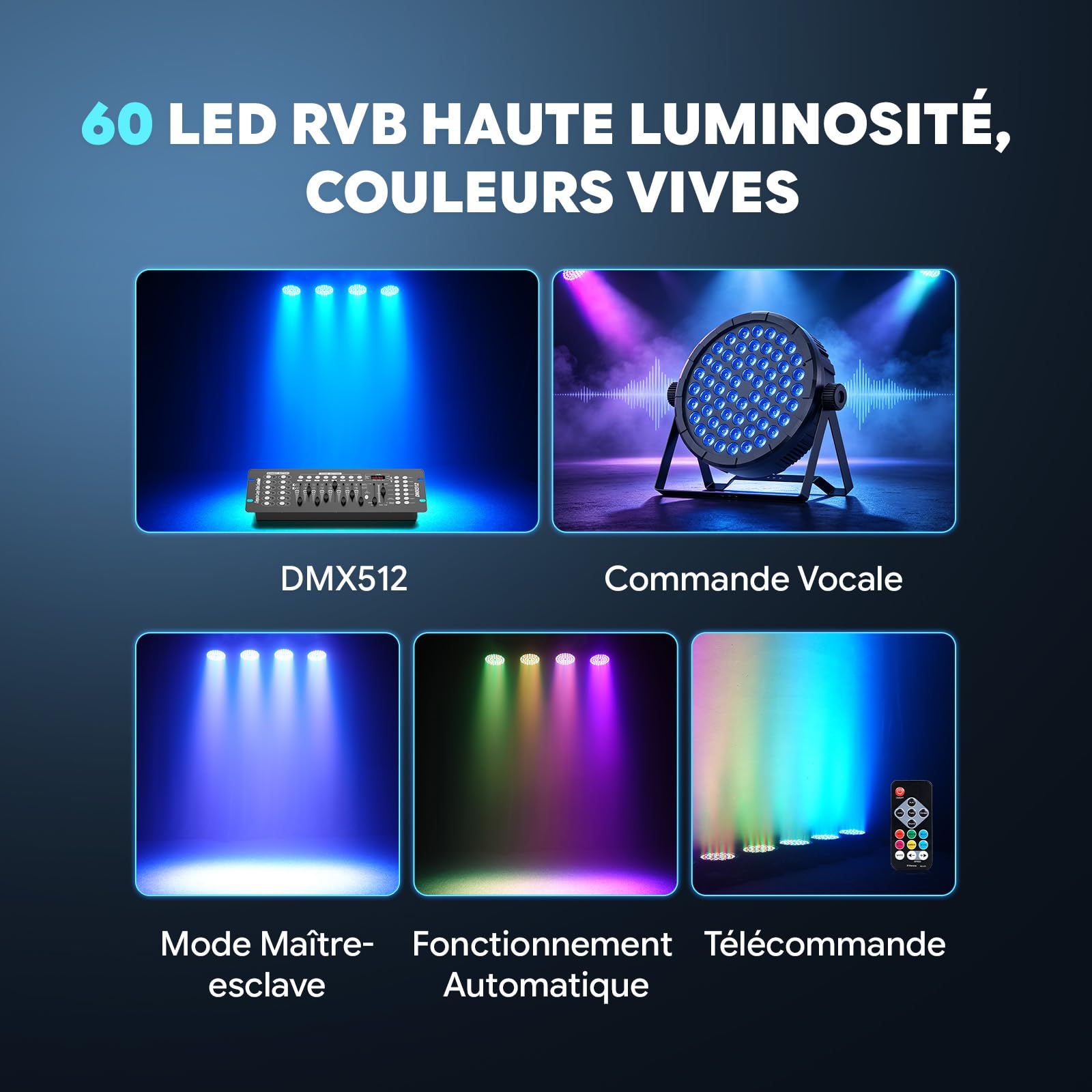 Par LED Projecteur, RGB 60 LED Lumière Par Led Batterie de Scène 7 Modes avec Télécommande DMX512 Jeu de Lumiere Jeux de Lumiere effet de lumière DJ pour show bar, fête, festival de musique