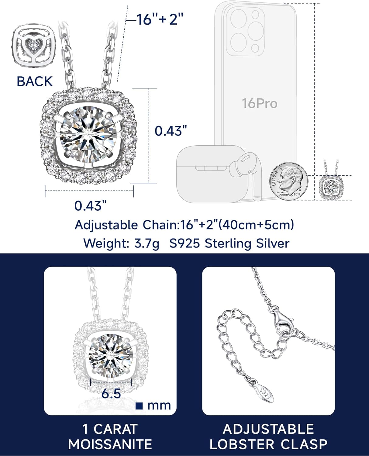 MomentWish Floating Necklace for Women, 0.5/1 Carat Dancing Moissanite Necklace for Her 925 Sterling Silver Pendant Anniversary Birthday Christmas Gift for Wife Mom Girlfriend - Image 7