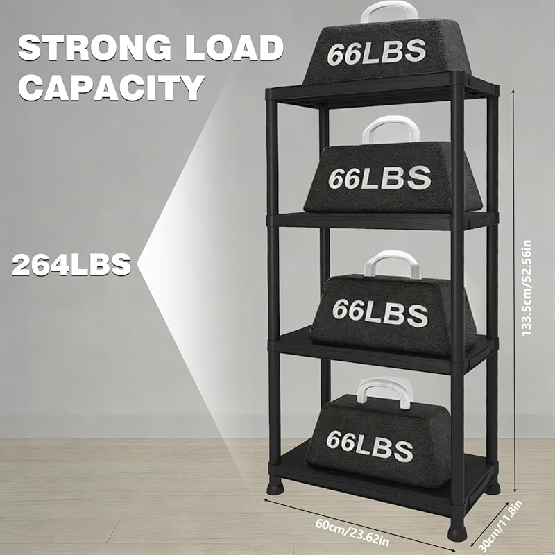 Plastic Storage Shelves, 11.8" D x 23.62" W x 52.56" H Plastic Shelves for Storage, 4-tier Shelving Unit, Storage Rack, 264 lbs, Bathroom, Laundry, Garage & Home 4 Tier