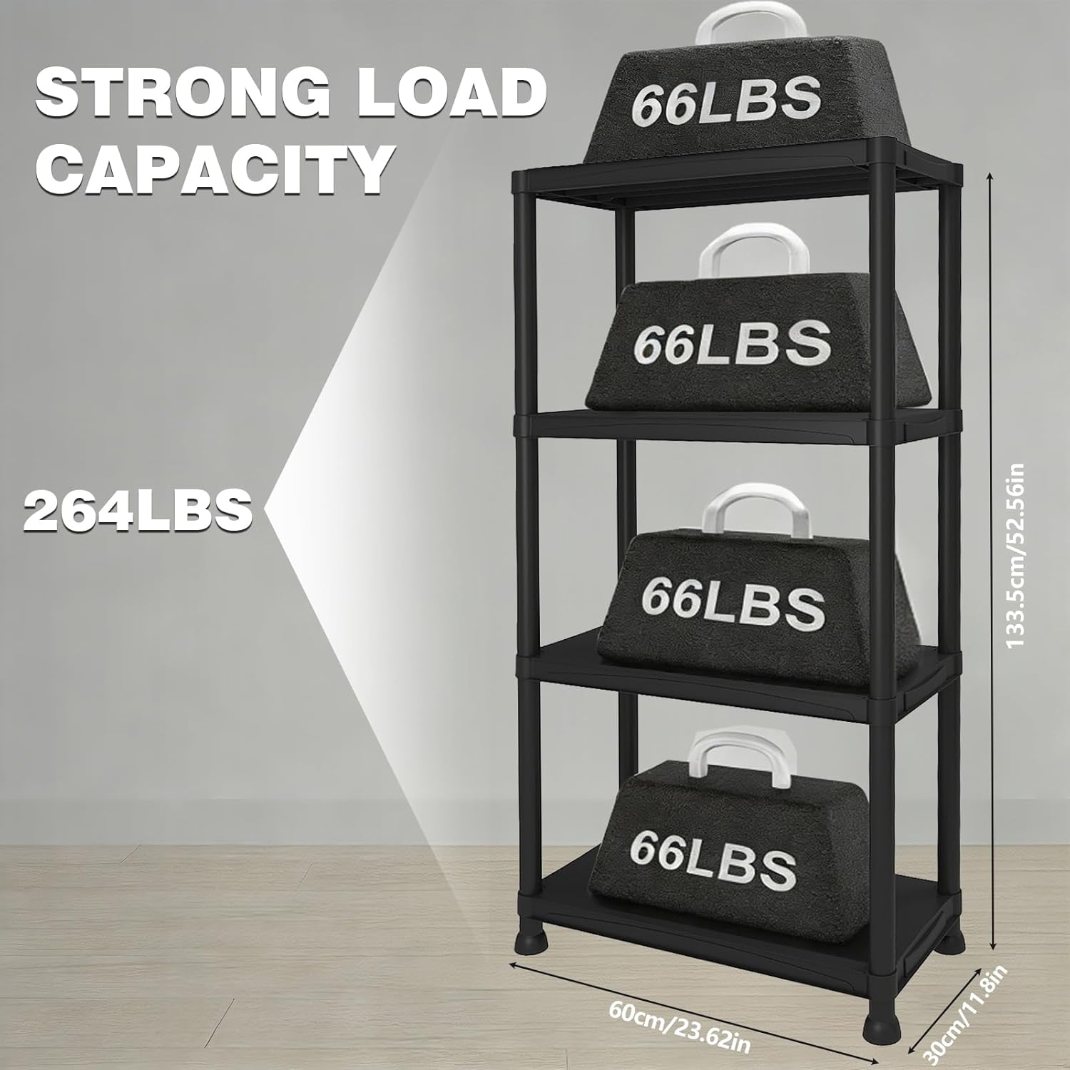 Plastic Storage Shelves, 12" D x 24" W x 52.56" H Plastic Shelves for Storage, 4-Tier Shelving Unit, Storage Rack, 264 lbs, Bathroom, Laundry, Garage & Home