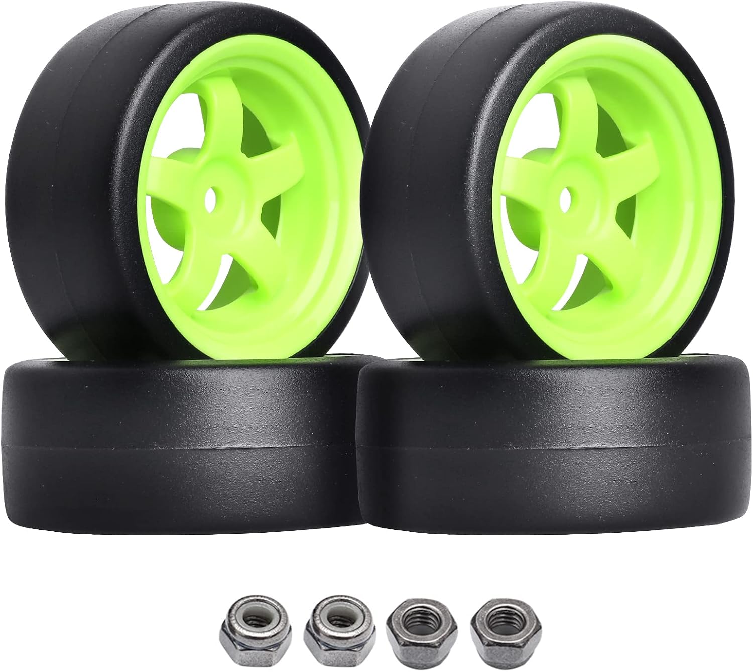 Hard Plastic 27mm RC Drift Car Tires & Wheel Rims Green 12mm Hex for 1/10th Model (Pack of 4)