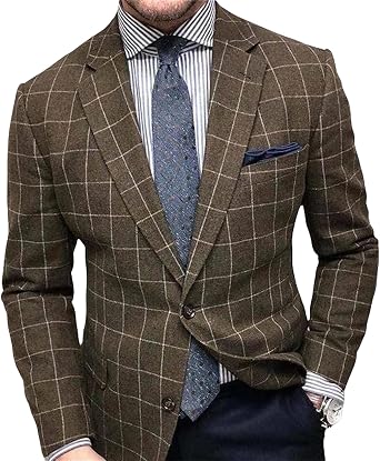 evzosrz Lightweight Plaid Blazer Mens Jackets Casual Checkered Slim Fit Notched Lapel Two Button Jacket Business Sports Coat