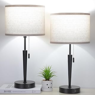 Set of 2 Bedside Table Lamp, Pull Chain Nightstand Lamps with USB A & C Charging Ports, 5000K LED Bulb, Round Fabric Linen Lampshade for Livingroom, Bedroom, Home, and Office(Bulbs Included)