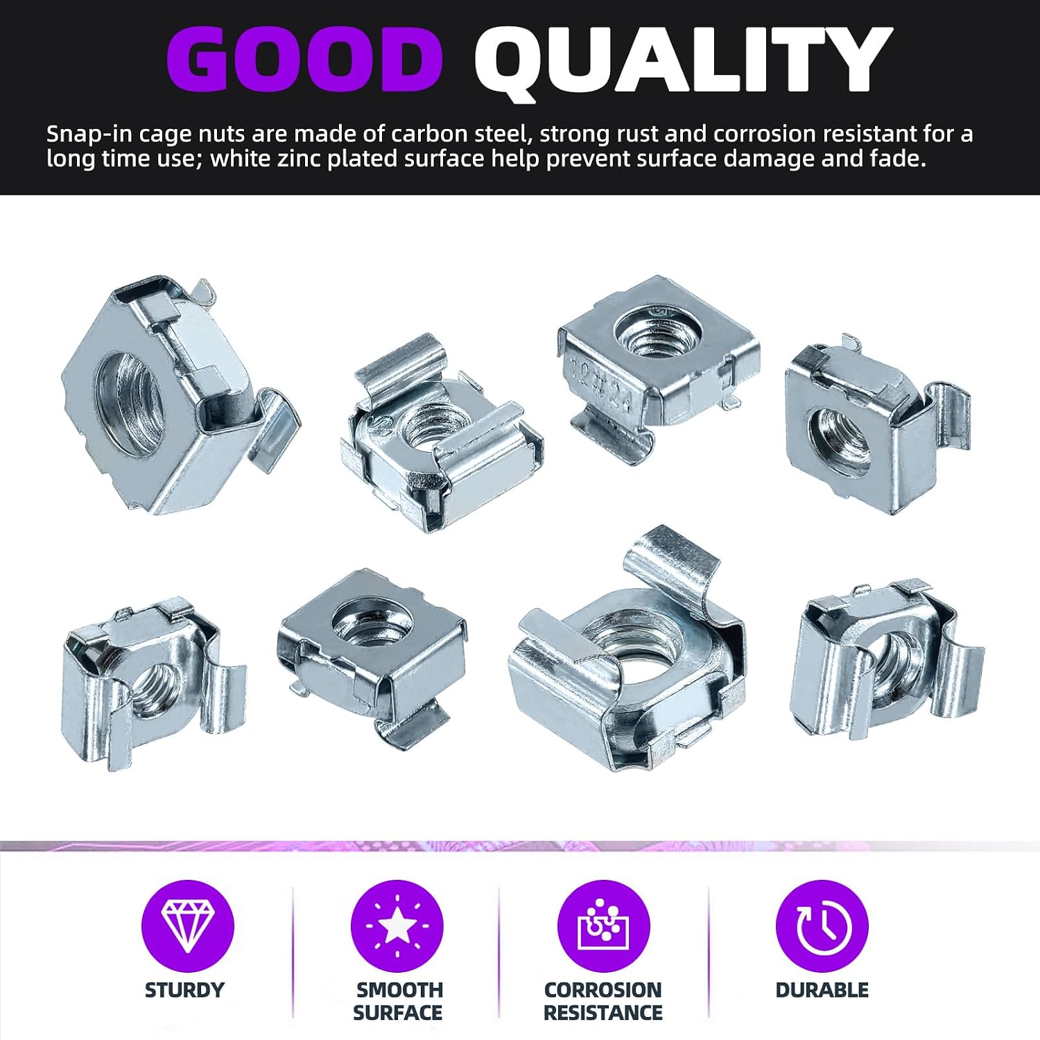 Swpeet 40Pcs 4 Size 10-32, 12-24, 1/4"-20, 5/16"-18 Zinc Plated Carbon Steel Square Cage Nuts Assortment Kit image 3