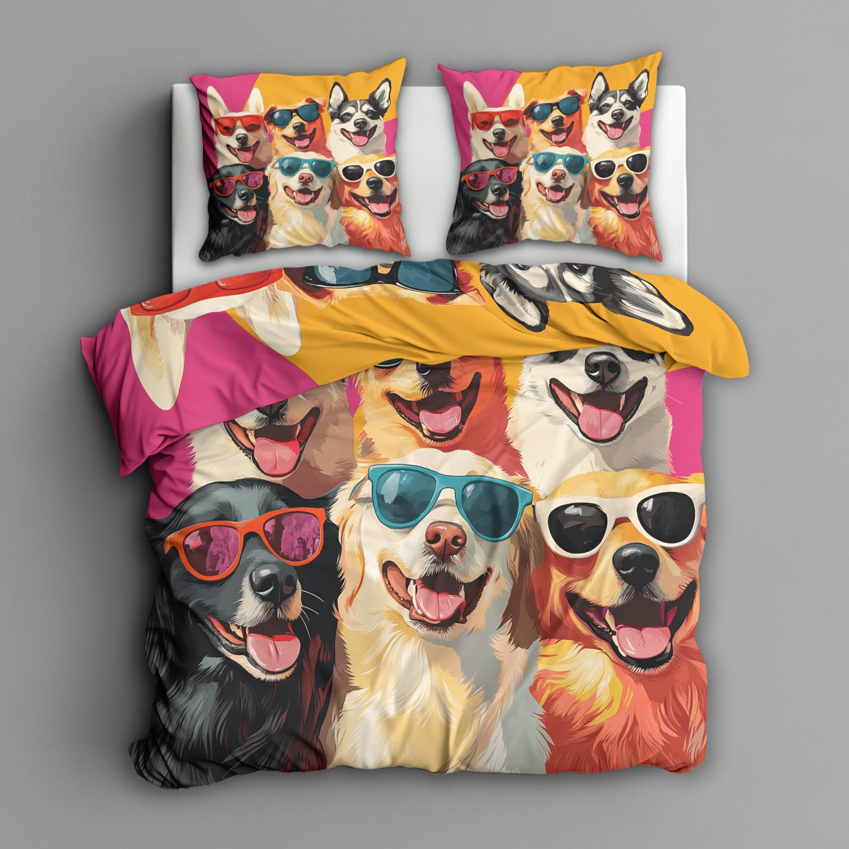 Housse de couette 220x240 chien avec 2 taies d'oreiller lit 2 personnes