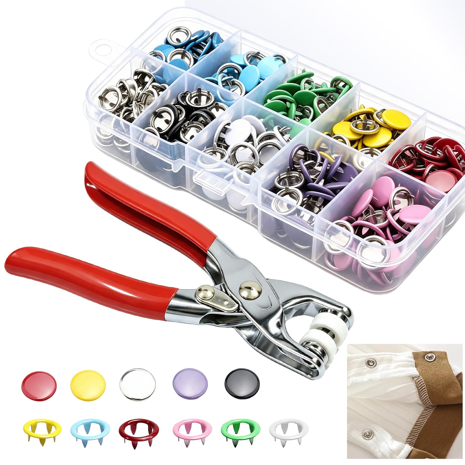 Mnuwoee 200 Sets Press Studs Snap Fasteners for Clothing 9.5mm Poppers