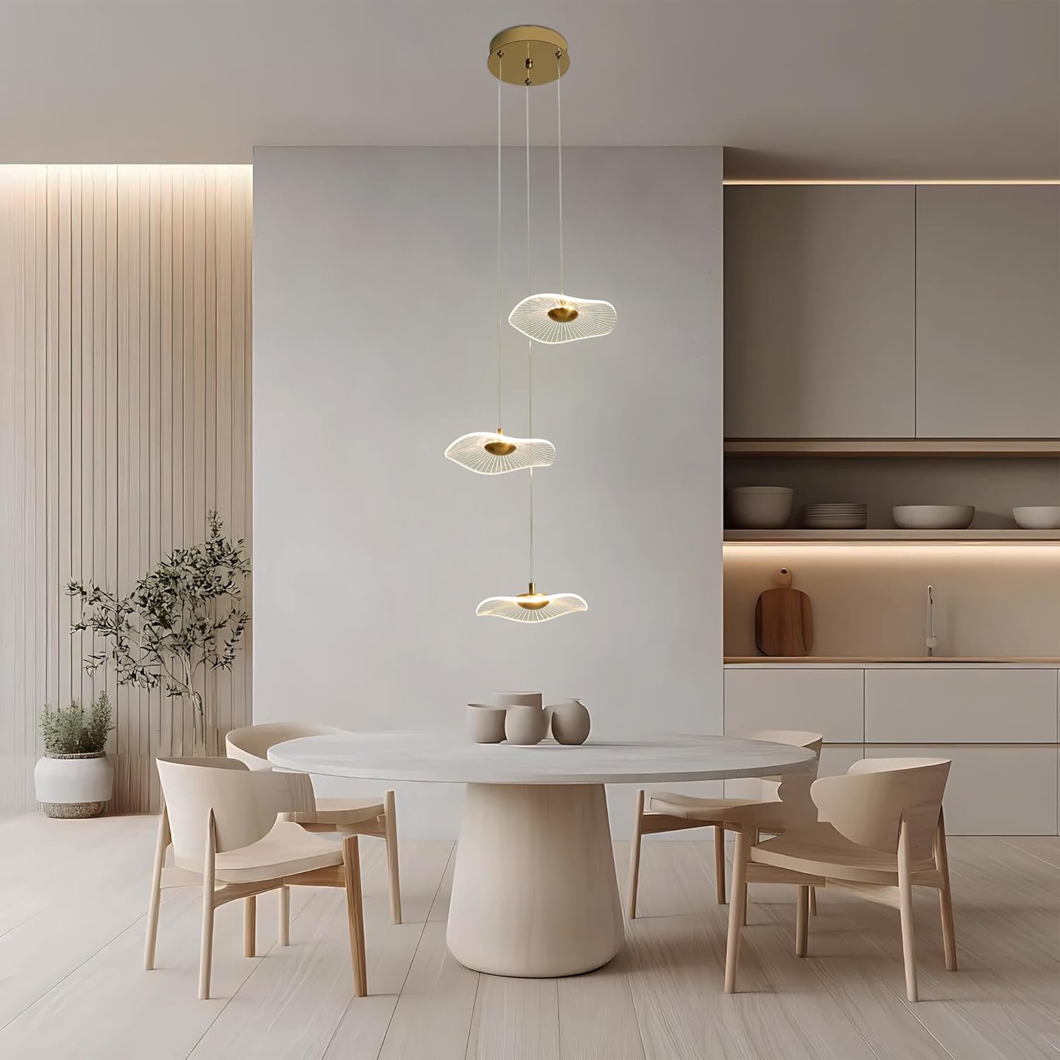 Gold Linear Lotus Leaf Chandelier, 3-Light, Modern Dimmable LED Large Hanging Pendant Lighting Fixture with Remote, for High Ceilings Dining Room, Foyer, Entryway, Staircase