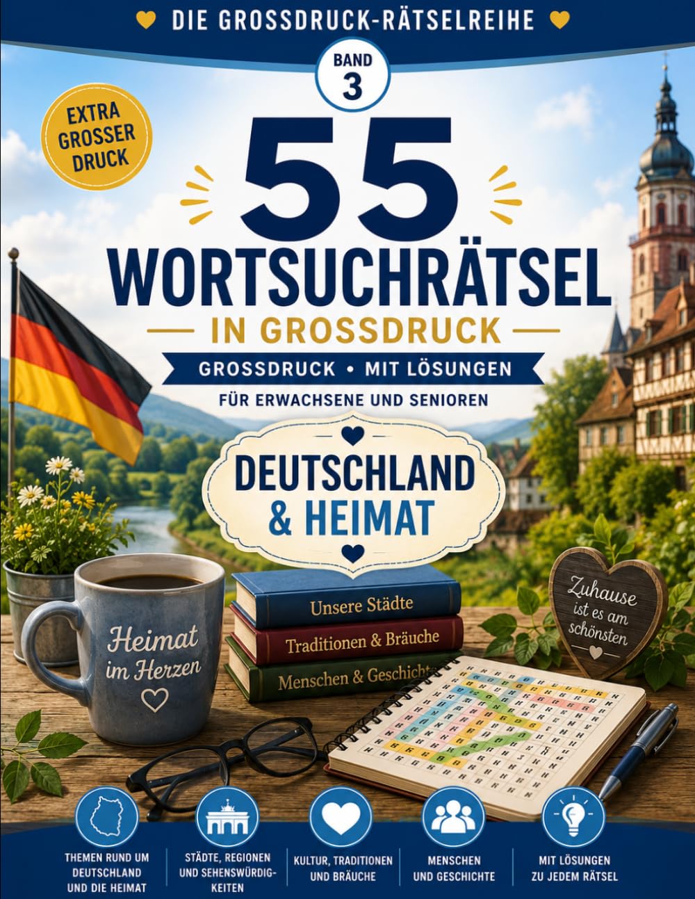 55 Wortsuchrätsel in Großdruck: Deutschland und Heimat-Mit Lösungen für Erwachsene und Senioren