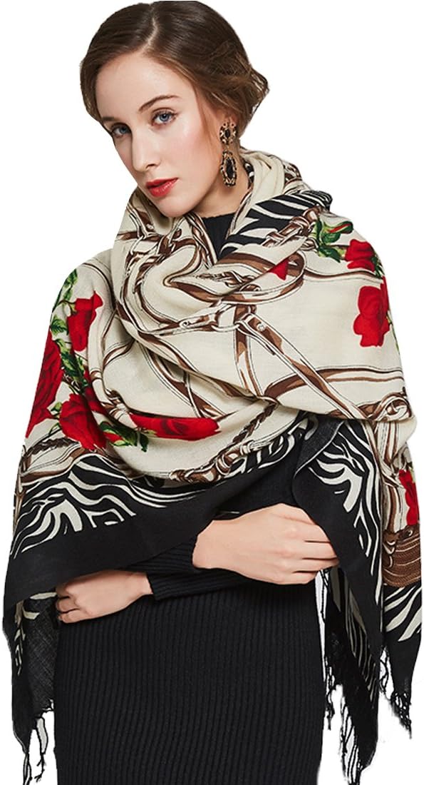 DANA XU 100% Merino Wool Pashmina Shawl for Women 96"x43", Oversized Cashmere Wrap with Tassels, Floral Travel Blanket Cape