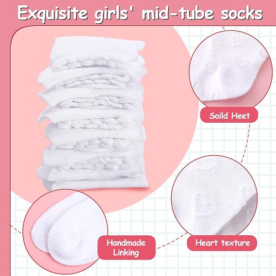Halfchet 10 Pairs Girls Ruffle Socks School Uniform White Cotton Short Socks with Heart Pattern for Girls Ages 6-8 Back to School Toddler Frilly Dress