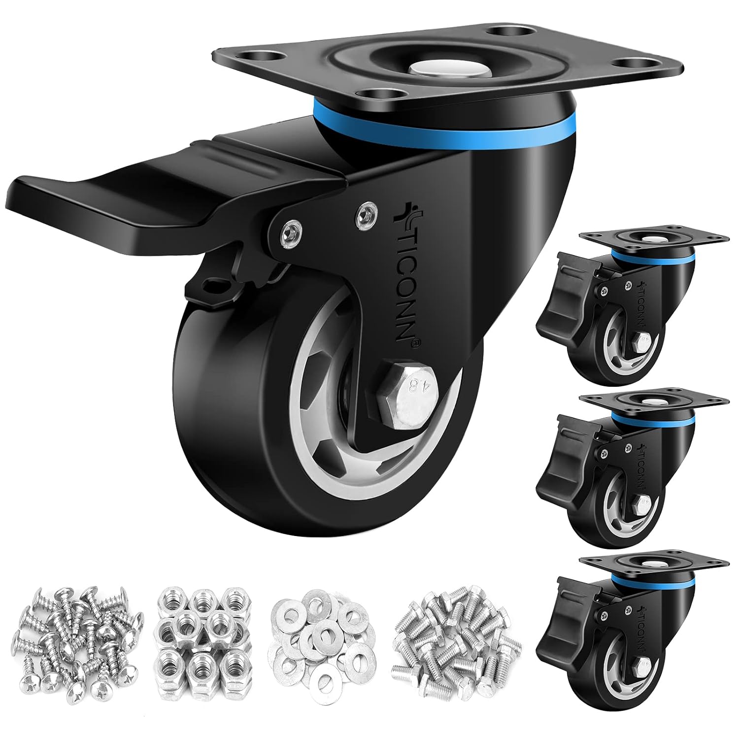 TICONN 3'' Swivel Caster Wheels Set of 4, with 4 Safety Brakes, Poly Wheels No Noise Non-Marking, Heavy Duty Plate Casters Set of 4 (3'')
