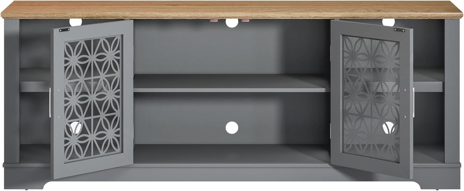 FESTIVITY 70 Inch TV Stand Entertainment Center with Front Glass Doors and Open Shelf for TVs up to 78", Farmhouse TV Console Table for Living Room & Bedroom (AshGrey)