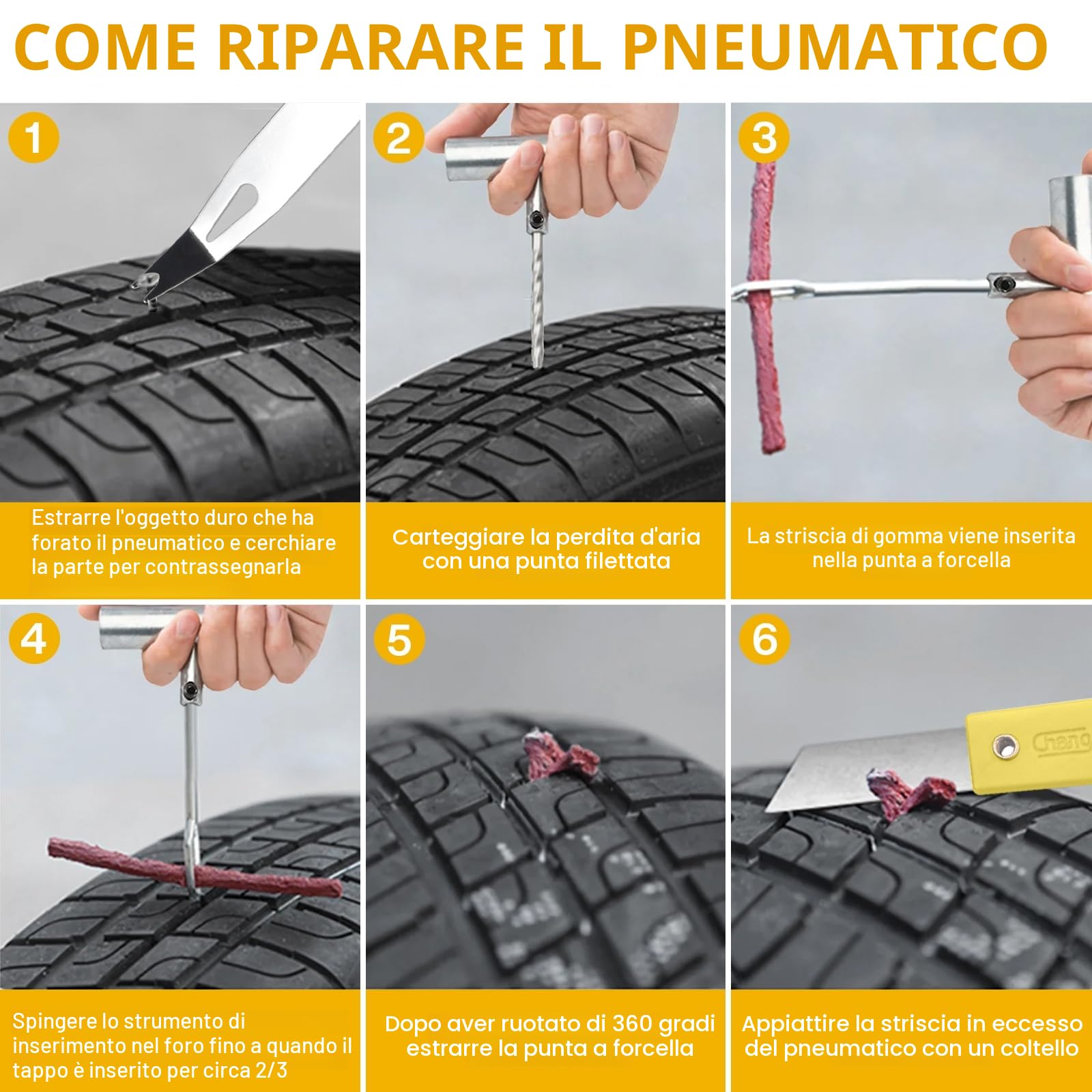 Kit Riparazione Pneumatici Auto Moto 58pcs, Kit Riparazione Gomme Moto, Kit Foratura Auto, Valido per Tutti i Tipi di Pneumatici per Auto, Moto, Camion, Trattore, Camper