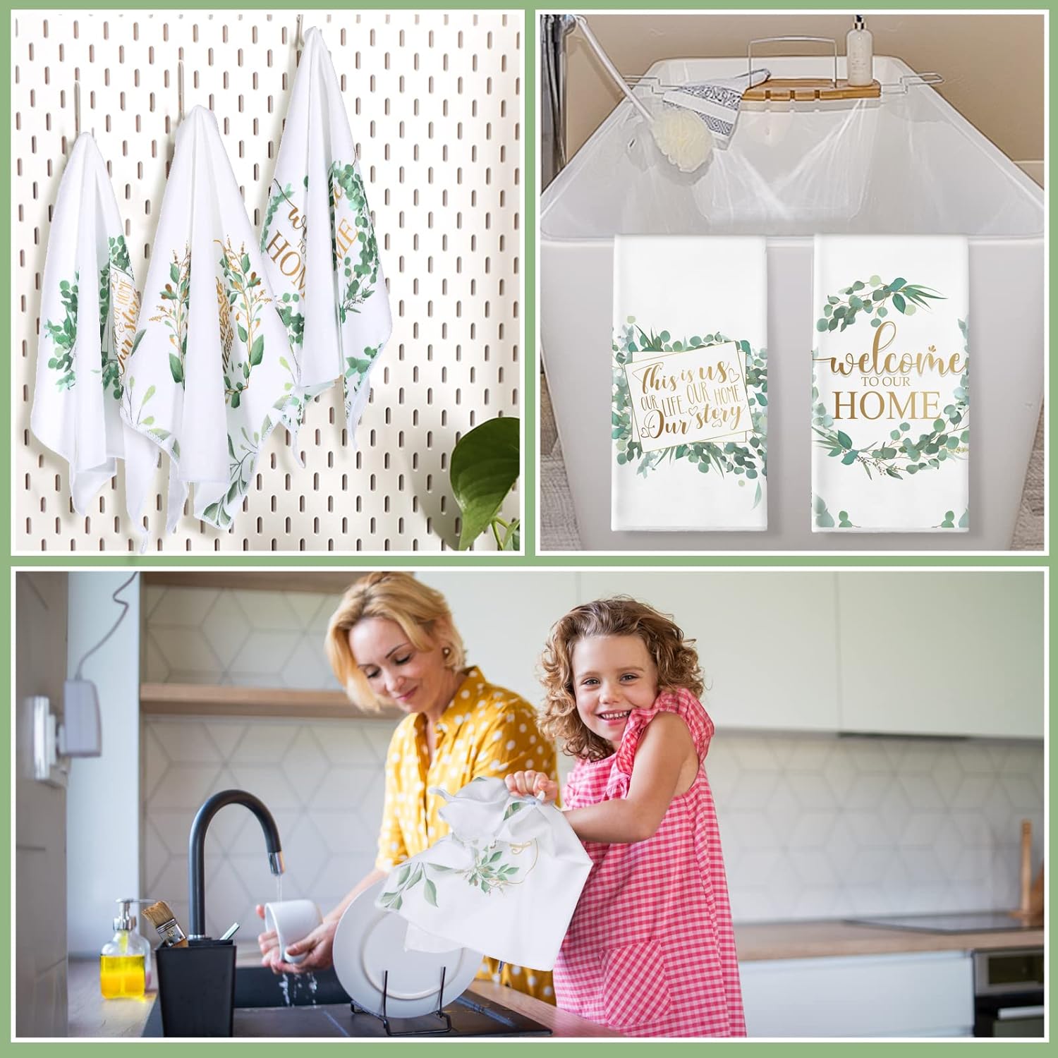 Redbaker 6 Pcs Eucalyptus Leaves Kitchen Towels Sage Green Dish Towels Kitchen Farmhouse Home Absorbent Sage Green Hand Towel Plant Decorative Tea Towel Gift for Spring Bathroom Housewarming Gifts - Image 5