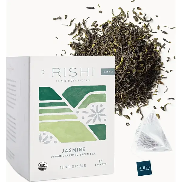 Rishi Tea Jasmine Organic Chinese Green Sachet Tea Bags, Caffeinated, 15ct | Floral Aroma and Taste, Jasmine Flower, Calm, Sustainable, 15 Servings 1