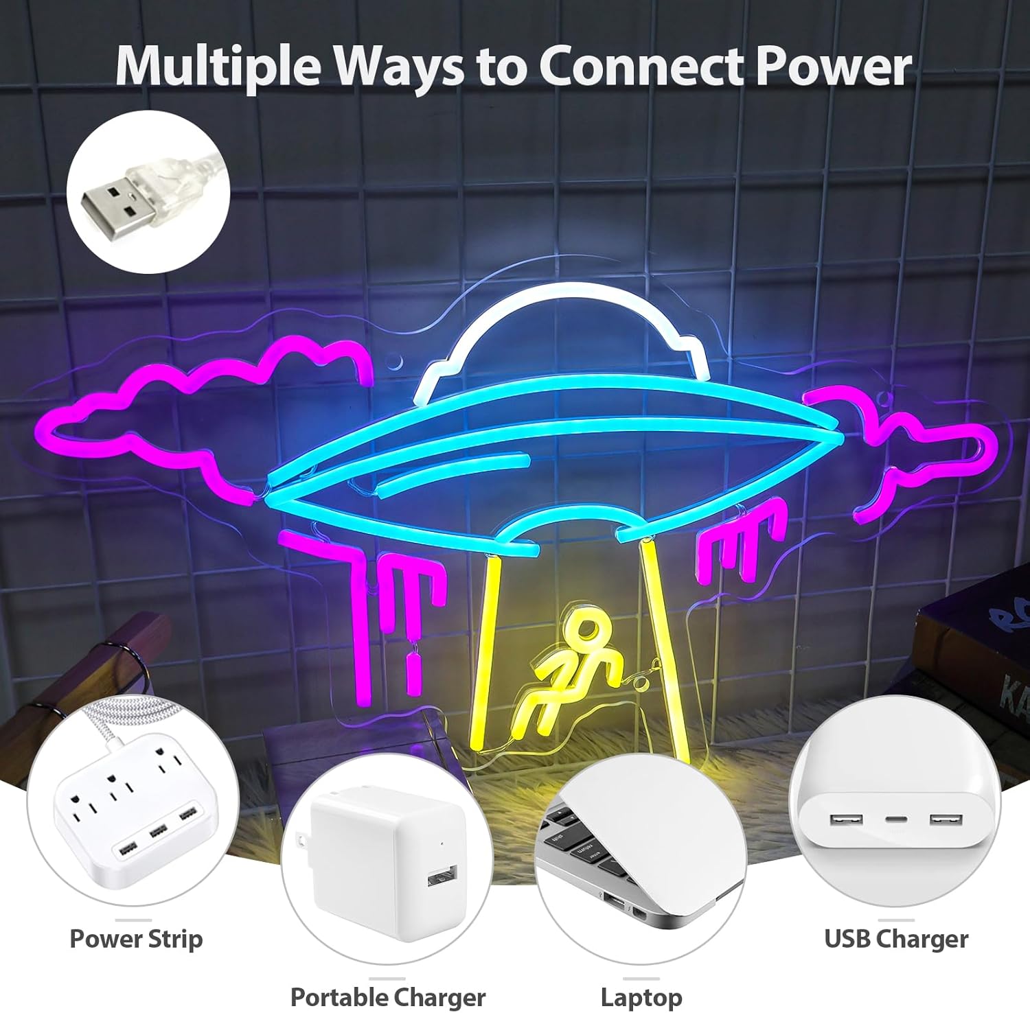 22-Inch Large UFO Neon Sign For Wall Decor, Dimmable Spaceship Neon Light, USB Powered Spaceship decor For sci-fi Fans Space-Themed Bar Restaurant Event Party Game Room Decoration, for Man's Gift