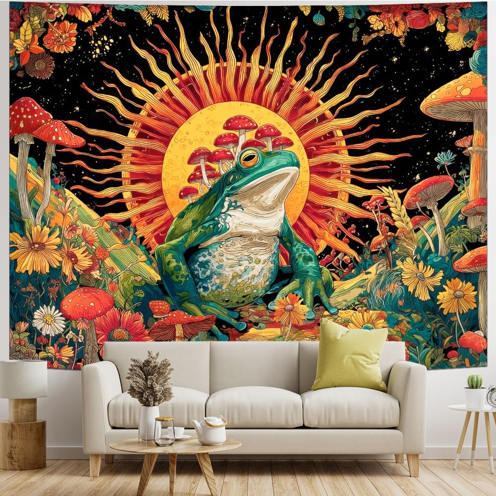 Amonercvita Blacklight Frog Tapestry Vintage Neon Mushroom Tapestries UV Reactive Sun Tapestry Galaxy Space Tapestries Wall Hanging Aesthetic Floral Jungle Plants Wall Backdrop for Bedroom Decor