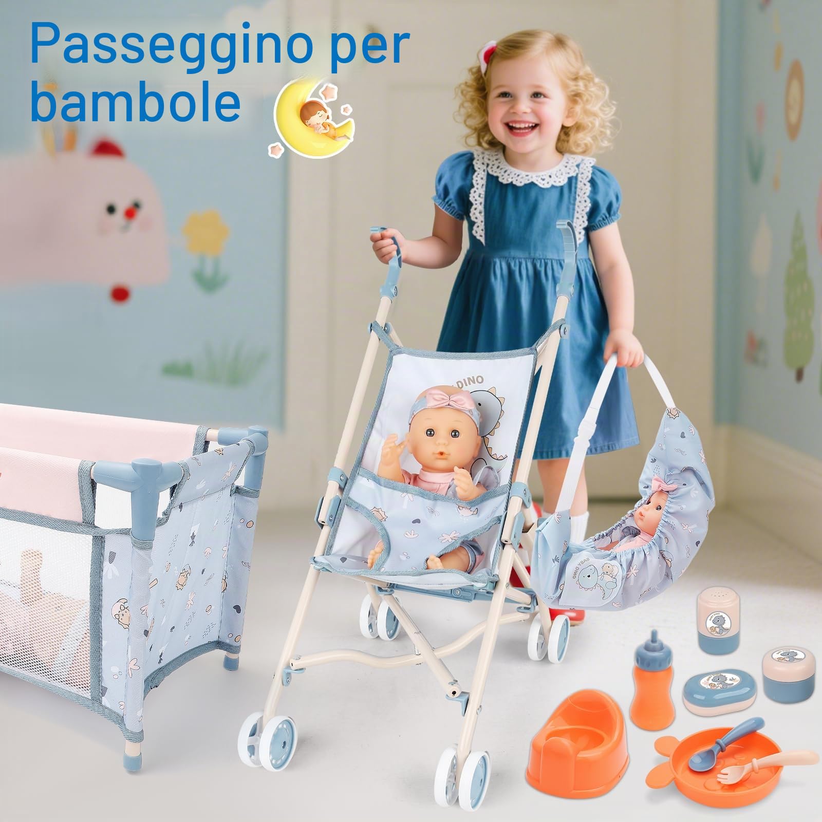 deAO Set Bambola con Passeggino, 30CM Bambola Giocattolo, Culla, Seggiolone, Accessori, Borsa 2 in 1 Pieghevole, Gioco di Ruolo, Regalo per Bambine 3+ Anni | Borsa 2 in 1 Pieghevole, Biberon, Vasino, Stoviglie, Accessori Alimentazione, Gioco di Ruolo, Reg