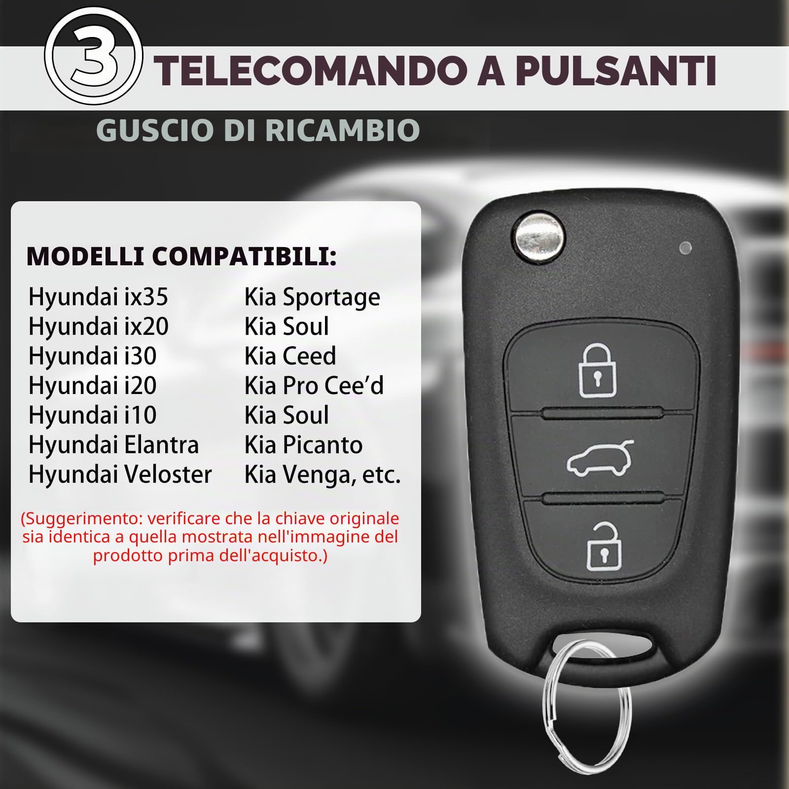 Guscio Chiave Compatibile Hyundai ix35 ix20 i30 i20 i10 Kia Sportage Soul Ceed Rio Picanto Venga 3 Tasti Telecomando Custodia Ricambio Auto Chiave Cover Portachiavi