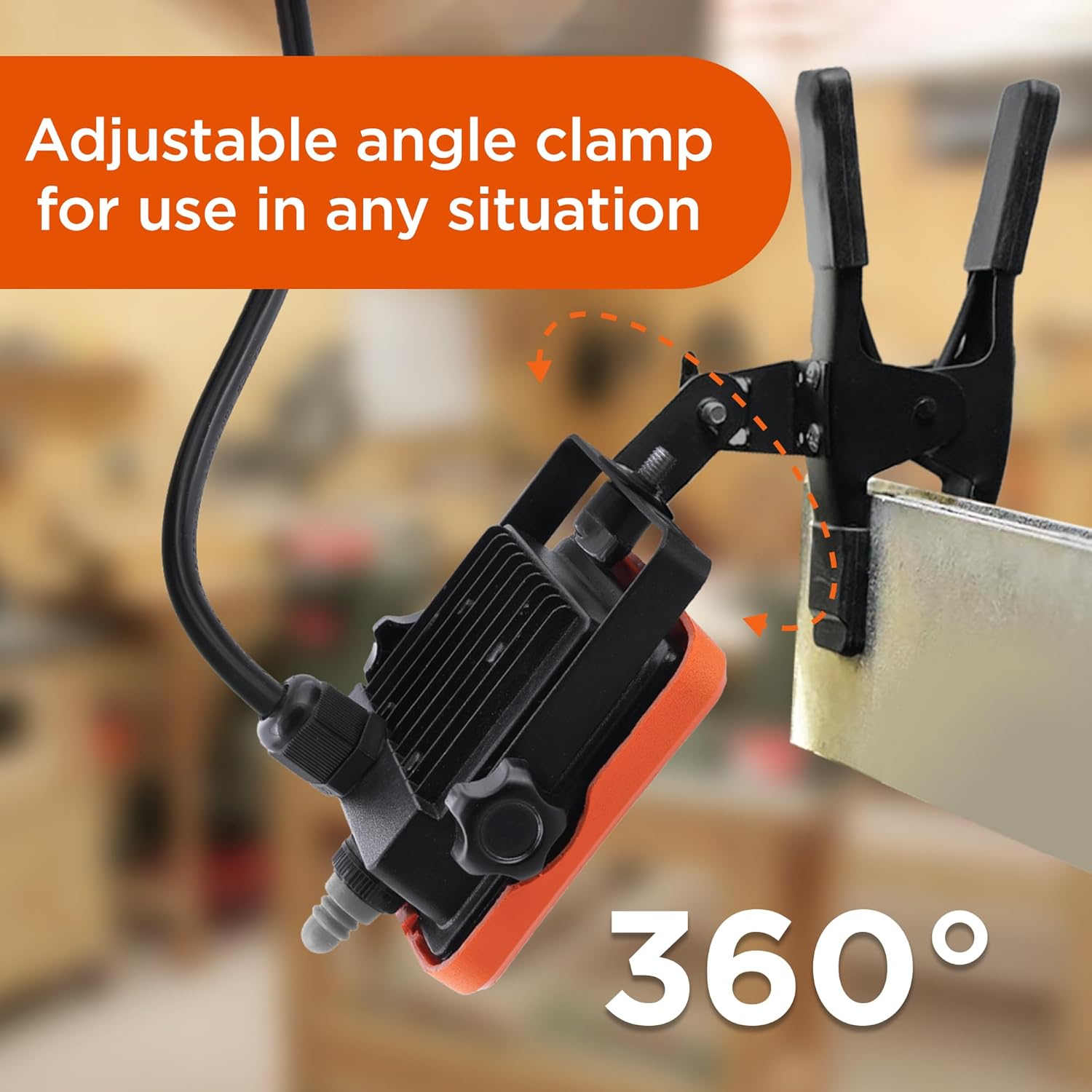 BLACK+DECKER LED Clamp Work Light, 1000 Lumens Indoor & Outdoor IP65 Waterproof Clamp Utility Shop Light with Plug, Clip on Shop Lamp, Adjustable Arm, 360° Rotating Clamp, Tripod Compatible, 4 Ft Cord