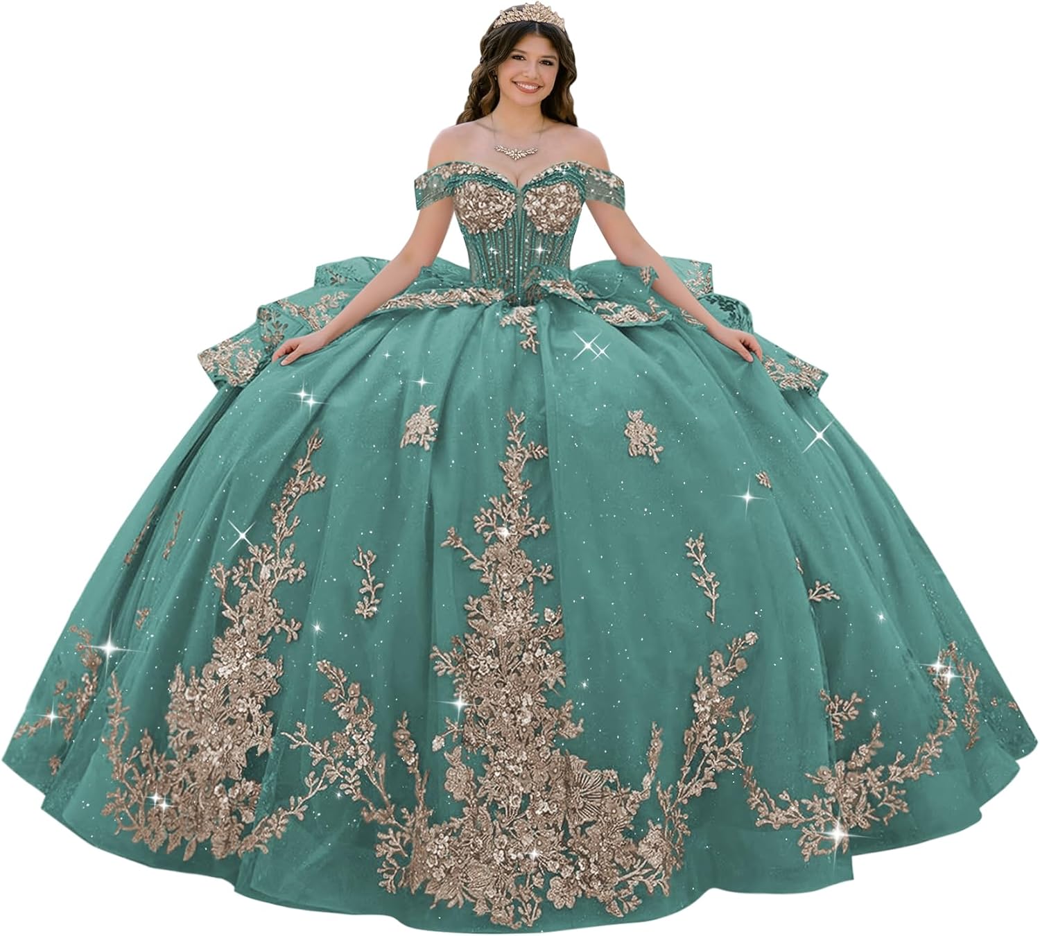Zhangyo Off Shoulder Quinceanera Dresses with Bow Ruffle Tulle Sweet 15 16 Dress with Train Sparkly Lace Bead Ball Gown