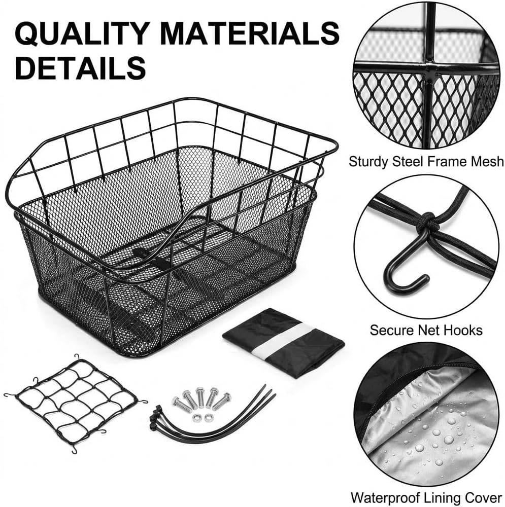 anzome rear bike basket, waterproof metal wire bicycle basket with adjustable cargo net and waterproof rainproof cover fits to most rear bike racks rugged type