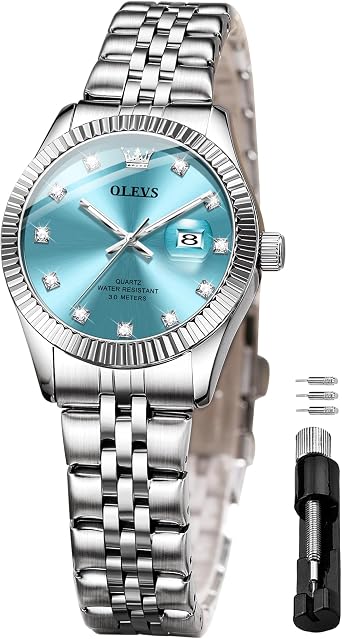 OLEVS Womens Watch Diamond Fashion Dress Analog Quartz Ladies Watch Stainless Steel Waterproof Luminous Two Tone Watch for Women,3705Silver Strap & Blue Dial , Fashion