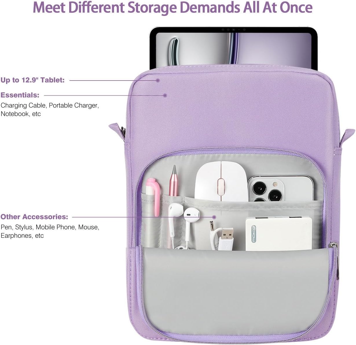 Dadanism 13 Inch Tablet Sleeve Bag with Shoulder Strap & Handle for New iPad Air 13" M4/M3 2026/2025, iPad Pro 13" M5/M4 2025/2024, iPad Pro 12.9", Galaxy Tab S10+/S9 FE+/S9+ 12.4", Grey Purple
