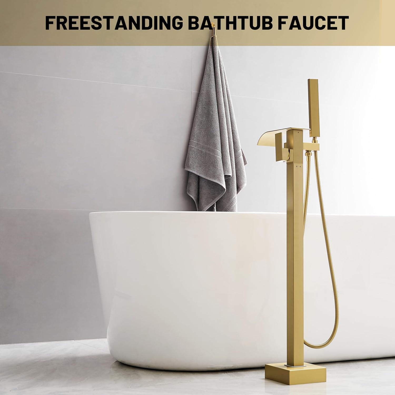 BWE Brushed Gold Freestanding Bathtub Faucet with Handheld Shower Head Single Handle Floor Mounted Tub Filler Waterfall Tub Spout Solid Brass Construction Bathtub System Brushed Gold - Image 6