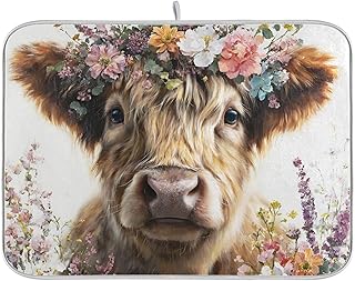 Dish Drying Mat 16 x 18 Inch Oil Painting Cute Cow Soft Drying Pad Absorbent Dish Drainer Rack Mats for Kitchen Counter Sinks Dining Table Draining Mats Heat Resistant