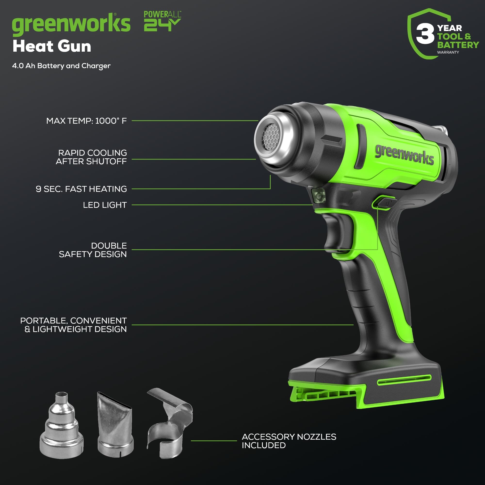 Greenworks Kit pistola termica senza fili da 24 V, batteria da 4,0 Ah e caricabatterie inclusi, strumento ad aria calda, massimo 538 ℃ con 3 ugelli per casa, garage, esterni