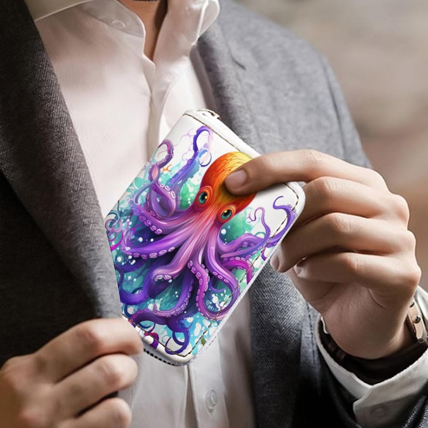 Leather Card Organizer Case Card Wallet Credit Card Holder Colorful Octopus Printed Zipper Card Cases Holder for Women Men