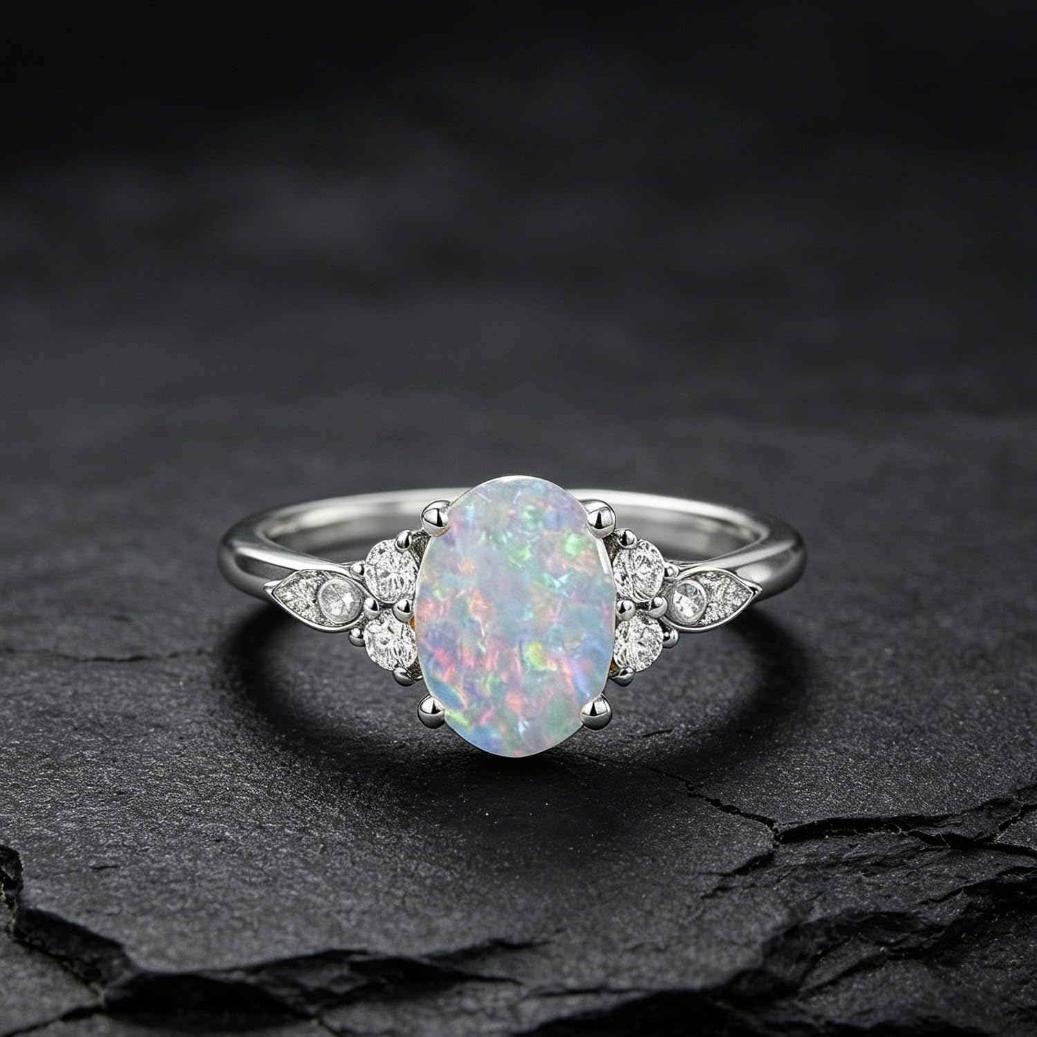 Auldey 1.25ct 925 Sterling Silver Opal Ring for Women Oval Cut Engagement Ring October Birthstone Opal Ring For Her Opal with Moissanite for Wedding Anniversary Rings