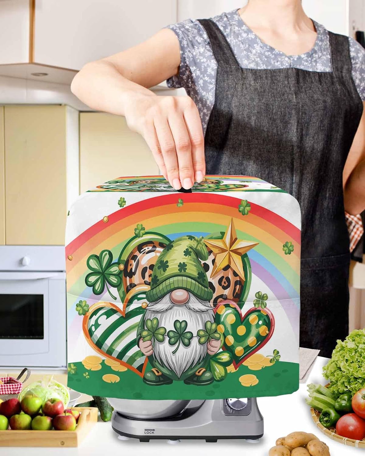 St Patrick's Day Stand Mixer Cover with Storage Pocket, Waterproof Kitchen Mixer Covers, Green Shamrock Gnomes Love Star Rainbow Spring Kitchen Appliance Dust Cover Compatible with 4/4.5 Quart Mixers