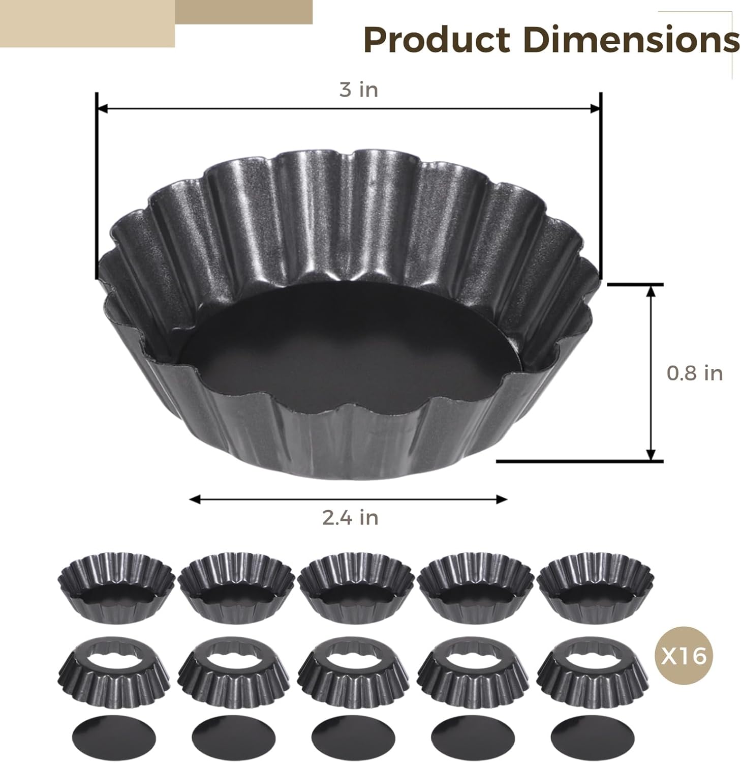16 Mini Cake Molds, Bottom Removable Tart Pans, 3 in Nonstick Carbon Steel, Flower Shape Baking Cups for Pudding, Brownies