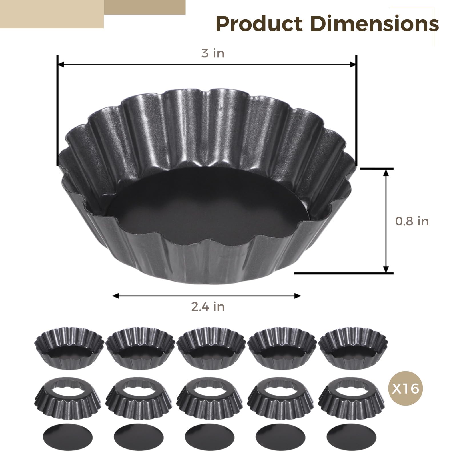 YOFAPA 16 PCS Mini Removable Bottom Tart Pans, 3 in Nonstick Carbon Steel Fluted Cake Molds, Flower Shape Mini Pie Pans - Image 2